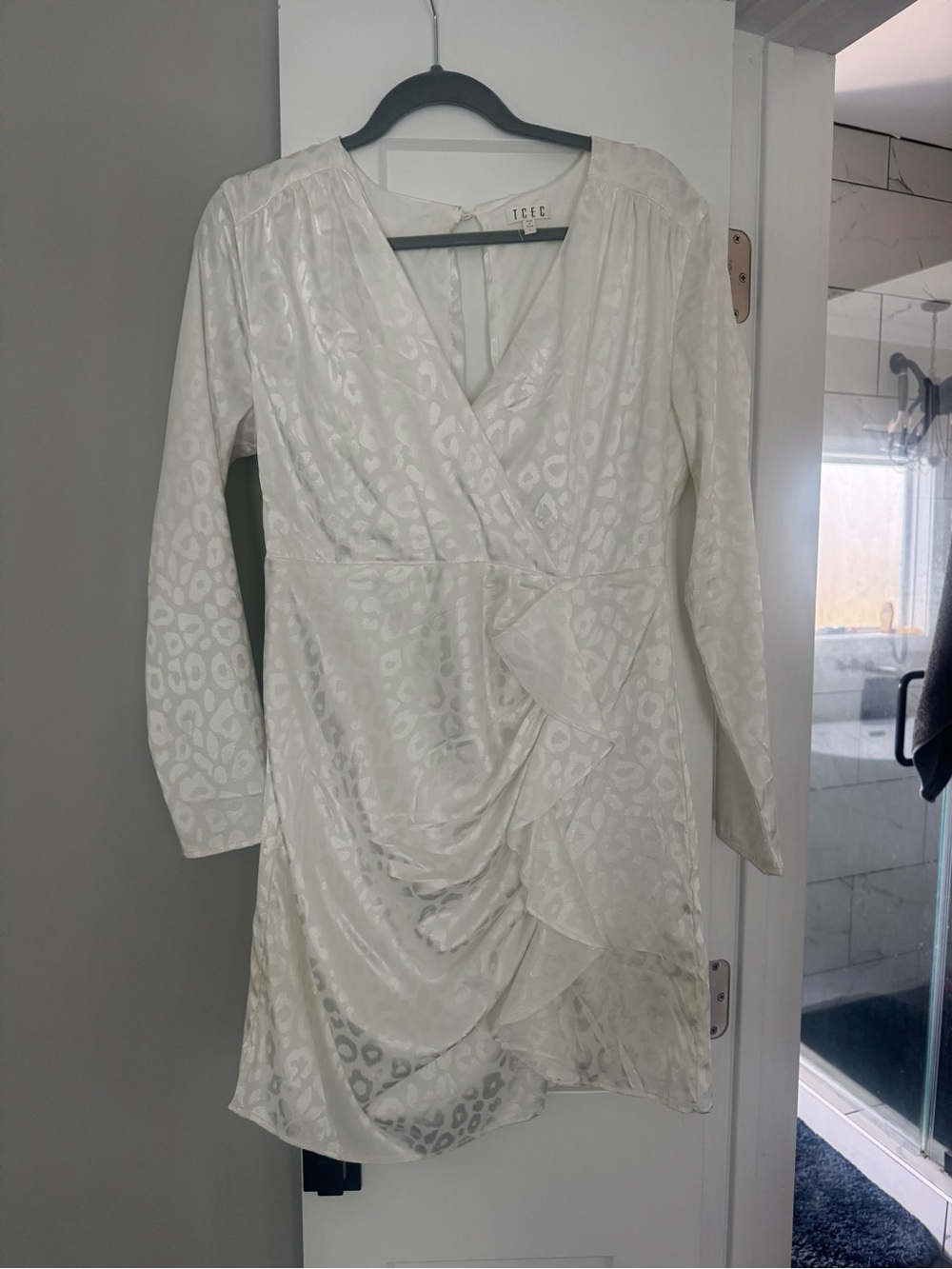 Ice Ivory Satin-Look Long Sleeve Wrap Dress with Subtle Animal Jacquard